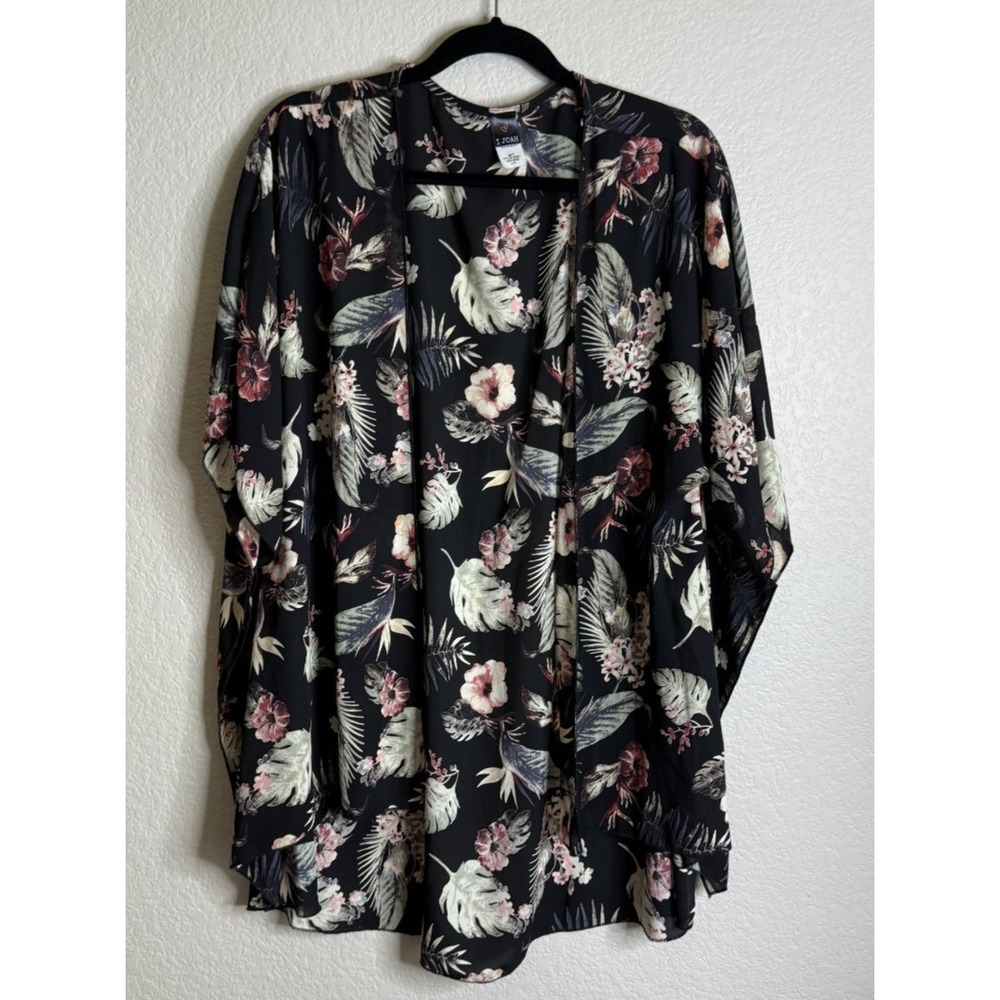I Joah Womens Large Kimono Black Tropical Floral Open Front Wrap Layering Top